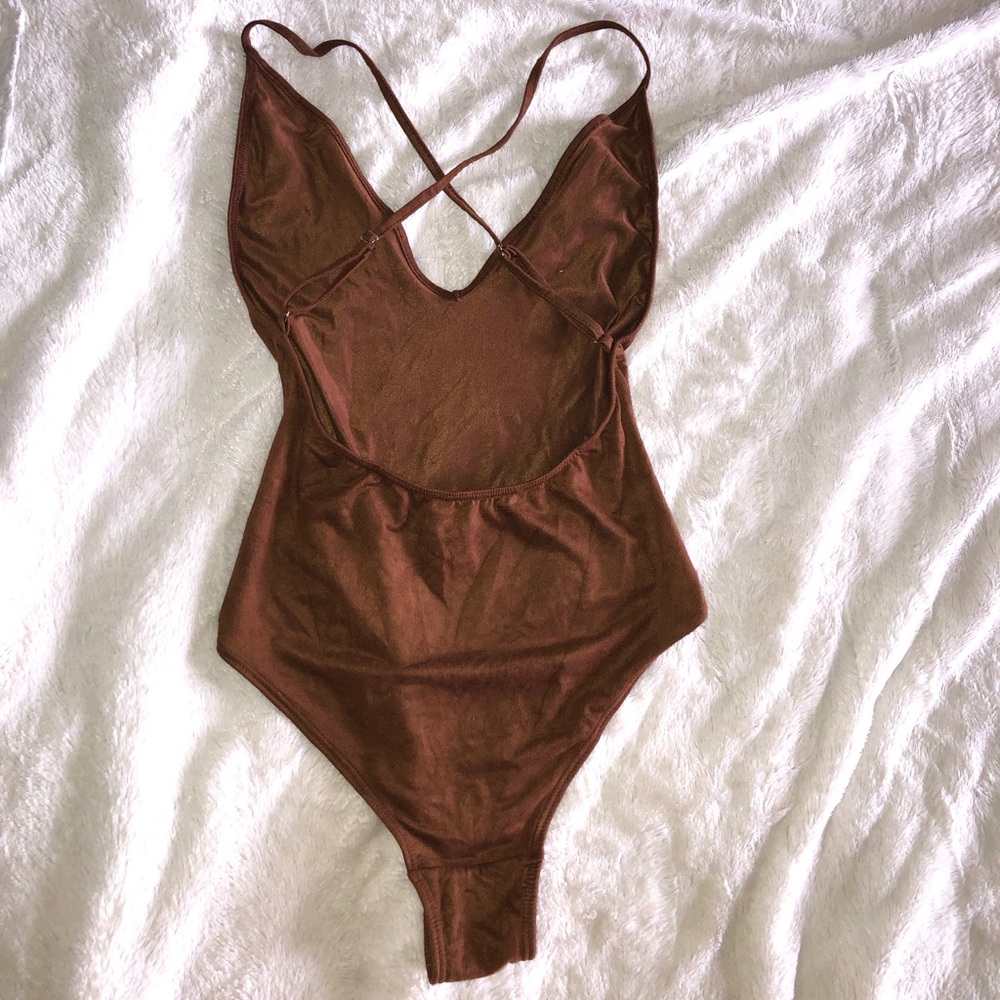 Planet Blue brown suede v neck cross back strap bodysuit